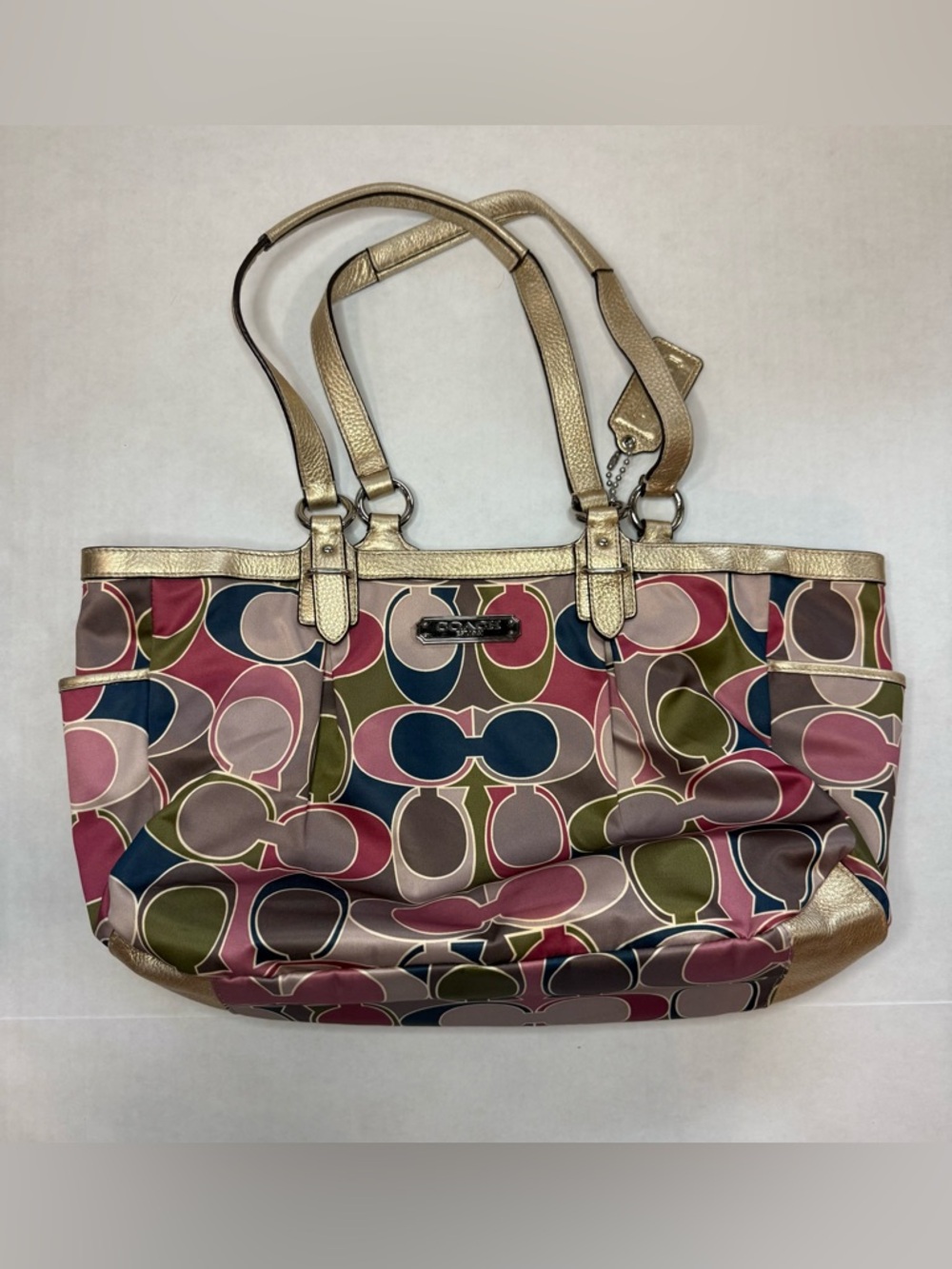Coach Signature Scarf Sateen Gold Trim Satin Handbag Tote - Picture 1 of 5